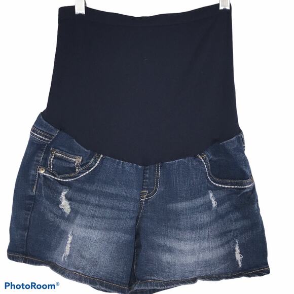 Indigo Blue Maternity Blue Denim Burmuda Shorts "Secret Fit Belly" Sz 12 - Picture 1 of 4